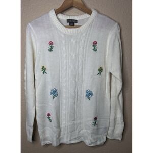 Evelyn Taylor Embroidered Cable Knit Sweater Cream Floral Large Lightweight